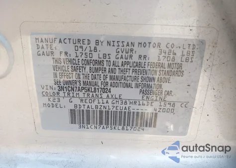 2019 Nissan Versa 1.6 Sv from USA, damaged, VIN 3N1CN7AP5KL817024